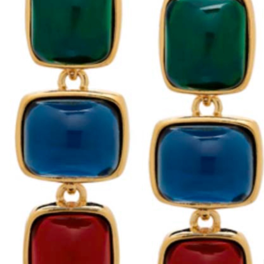 EARRINGS, KENNETH JAY LANE JEWEL DANGLE, FAUX GOLD, GREEN/BLUE/RED, 2 SHAPES,